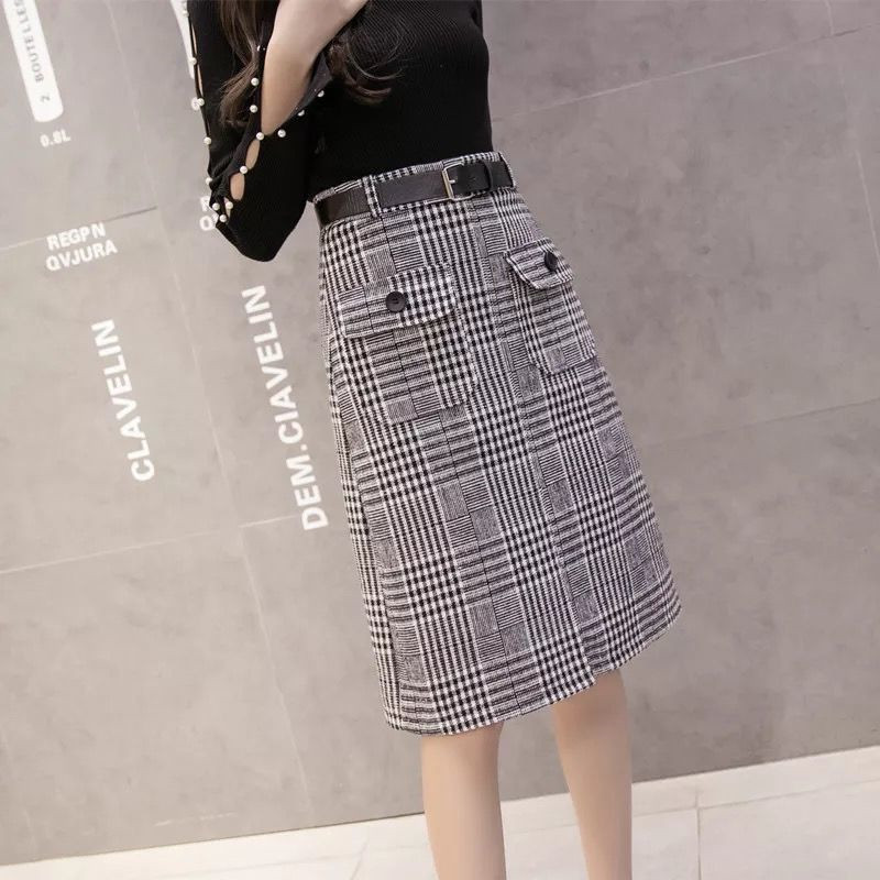Women with belt sashes retro classic Tweed Plaid Skirt ladies sidesplit Hipswrapped Wool skirt Bodycon slim work office Skirt 210306