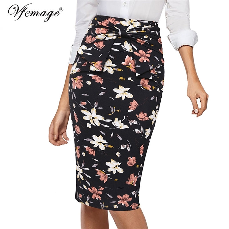 Vfemage Womens Elegant Pleated Bow High Waist Striped Patchwork Slim Casual Work Office Business Party Bodycon Pencil Skirt 865 210306