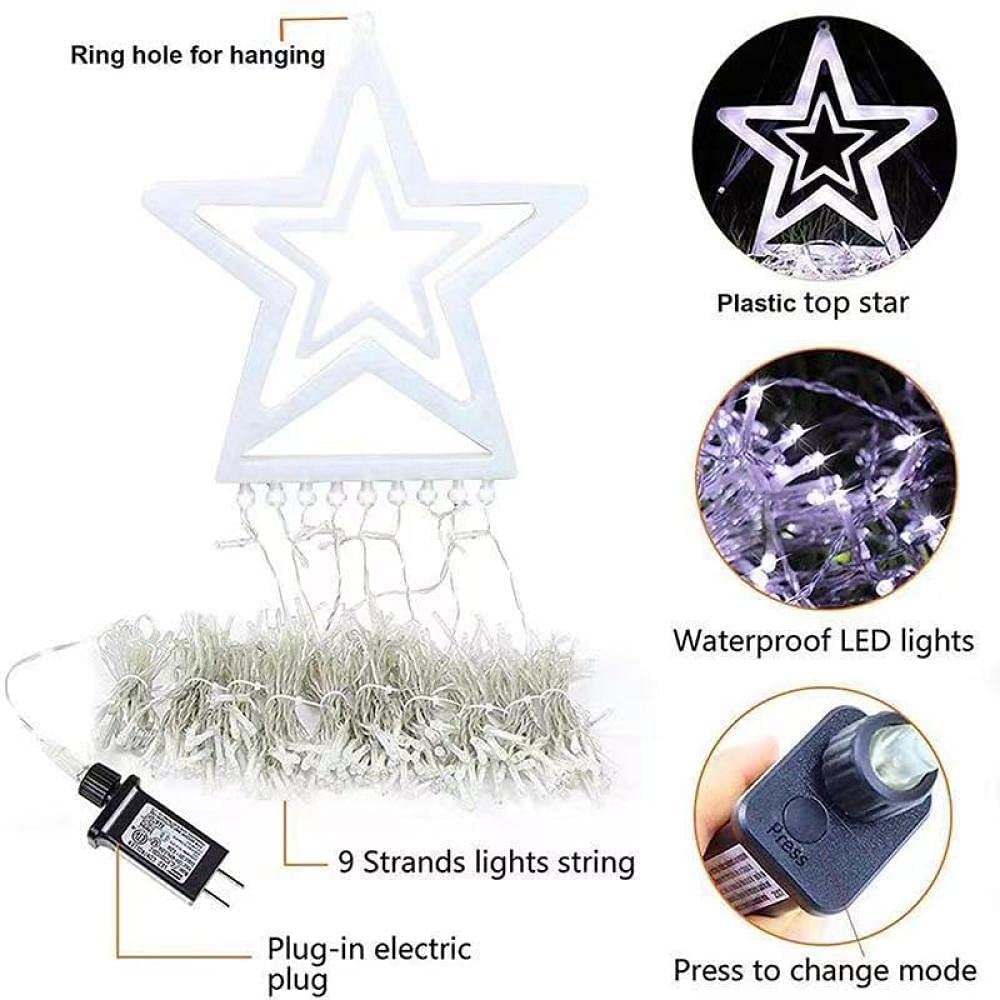 LED Five-Pointed Star Waterfall Lights Christmas Hanging Tree Rooftop Decoration Meteor Lights for Outdoor Courtyard Remote Control Solar Powered