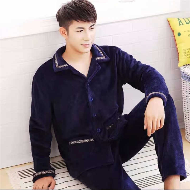 Winter Long Sleeve Pajamas Set For Men Thick Warm Flannel Pyjamas Suit Lounge Homewear Home Clothes Male Sleepwear 211014