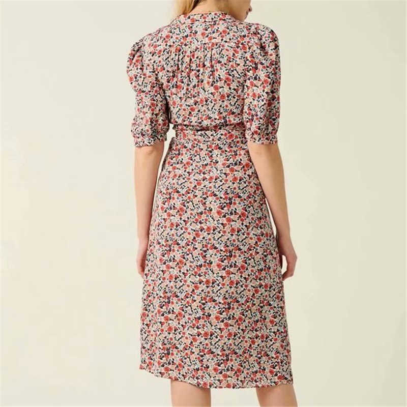 Elegant Women V-Neck Floral Print Dress Fashion Ladies Puff Sleeve Vintage Female Chic Asymmetric es 210527