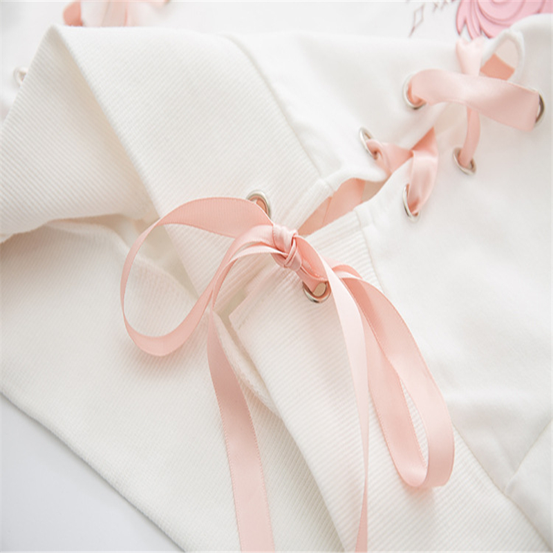Merry Pretty Women Hooded Sweatshirts Cartoon Print Lace Up Pink Hoodies Sweet Style Girl Long Sleeve Drawstring Cute Pullovers 201217