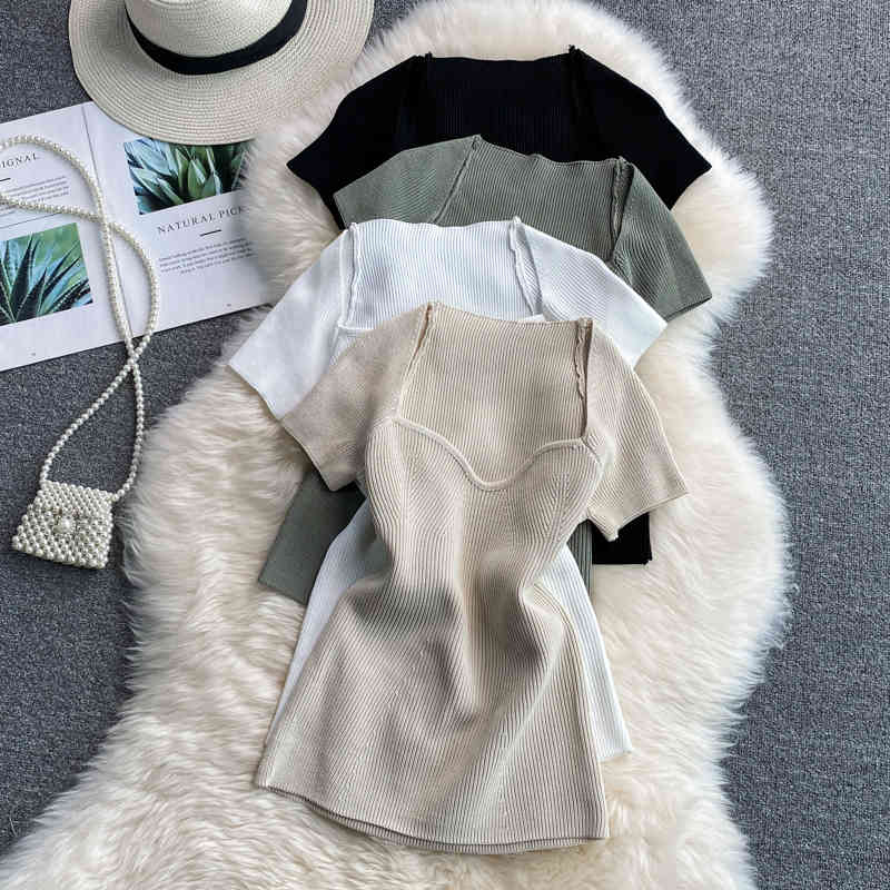 Sexy M-shaped tube top neckline design white knitted short-sleeved t-shirt female stretch slim and careful machine 210525, Green
Sexy M-shaped tube top neckline design white knitted short-sleeved t-shirt female stretch slim and careful machine 210525, Green