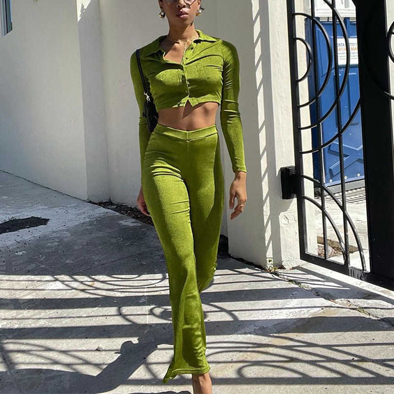 Women's Sexy Knitted Two-piece Suits Fashion Long Sleeve Single Breasted Short Shirts And High Waist Flared Pant Set Office Lady 210709
