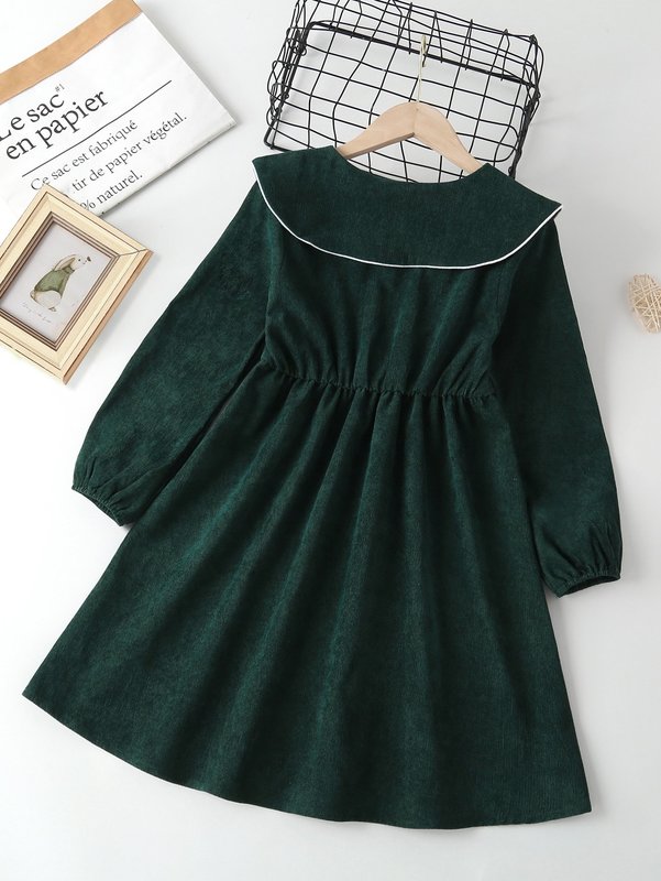 Girls Contrast Piping Peter Pan Collar Corduroy Dress SHE