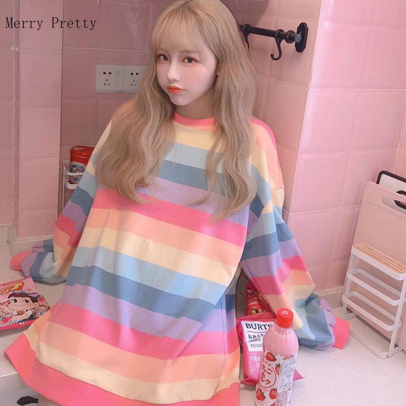 Pink Rainbow Striped Oversize 2xl T Shirts For Women Summer Long Sleeve O-neck T Shirt Korean Style Ladies Tops Tees 210302