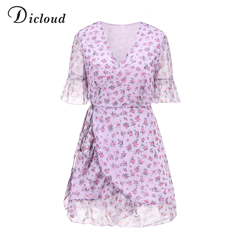 DICLOUD Women Lilac Floral Wrap Dress Summer Elegant Flare Sleeve Boho Print Mini Sundress Sexy V Neck Ladies Clothes 210309