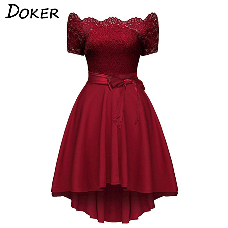 Elegant Red Lace Dress Women Patchwork Slash Neck Short Sleeve Sashes Tunic Dress Summer Ladies Sexy Evening Party Dresses 210309