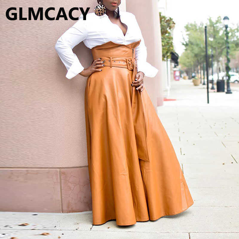 Women High Waist Buckle Belted PU Leather Skirt Elegant Party Maxi Skirts Bottoms 210621