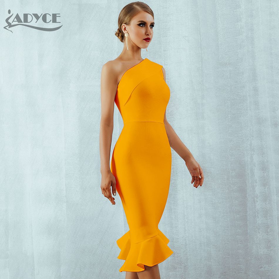 Adyce New Summer Women Bandage Dress Sexy One Shoulder Sleeveless Ruffles Nightclub Celebrity Evening Party Mermaid Dresses 210309