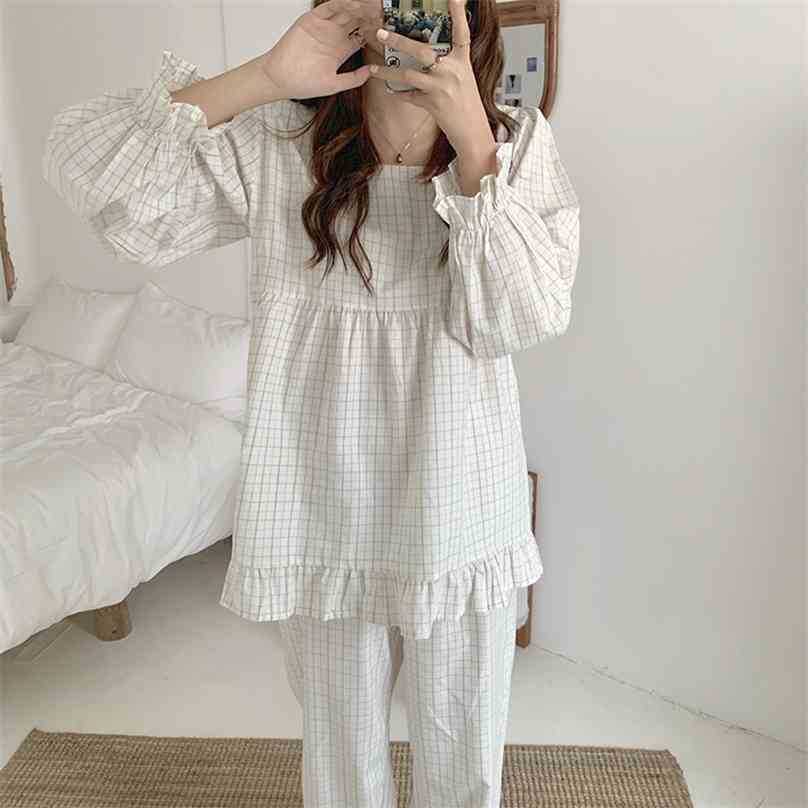 White Minimalist Plaid Cotton Square Collar Chic Loose All Match Puff Sleeves Sweet Pajamas Sets Home Clothes 210525
White Minimalist Plaid Cotton Square Collar Chic Loose All Match Puff Sleeves Sweet Pajamas Sets Home Clothes 210525