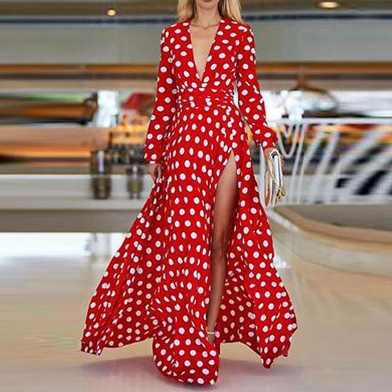 Paris Girl Polka Dot Dress Red Long Sleeve Summer Dress Women Boho Dresses Ladies Sexy High Split Tunic Women Long Dress Summer 210303