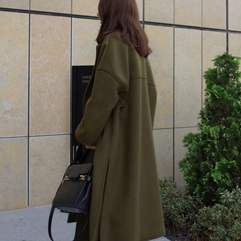 Women's Wool & Blends Autumn Winter Solid Color Plus Size Long Coat Pockets Decoration Green Lapel Sleeve Women Thick