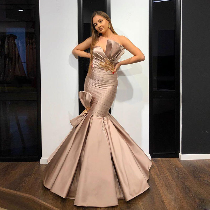 Charming Dark Green Mermaid Evening Dresses Pleats Sweetheart Strapless Long Prom Party Gowns Bow African Arabic Floor Length Formal Wear