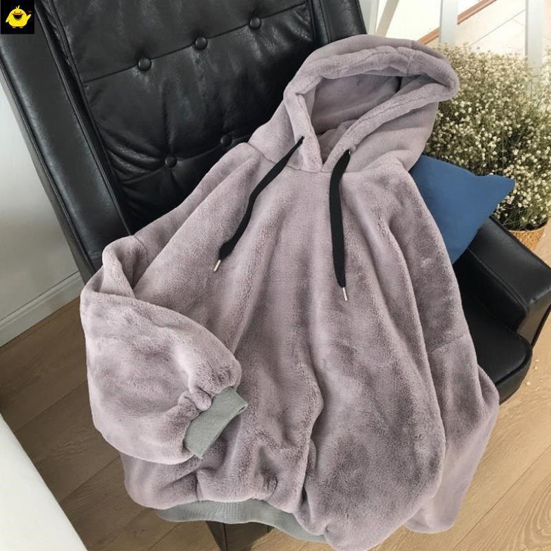 Autumn Winter Warm Hoodies Women Casual Loose Hooded Sweatshirt Plus Velvet Pocket Hoodies Solid Pullover Coat F116 201203