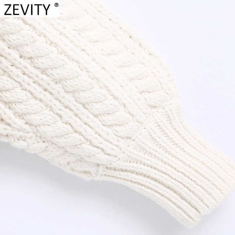 Zevity Women Elegant Turn Down Collar Casual Knitting Sweater Ladies Chic Lantern Sleeve Buttons Pullovers Short Tops S517 210603
