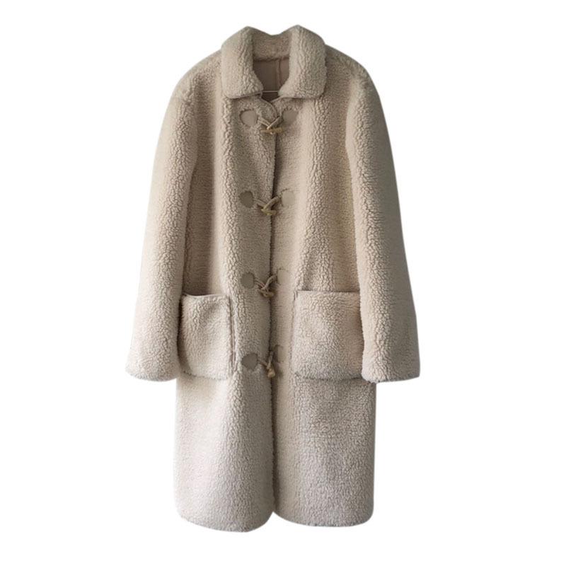 Women's Fur & Faux Winter Milky White Lamb Wool Coat Thick Lapel Long Plush Women Jacket