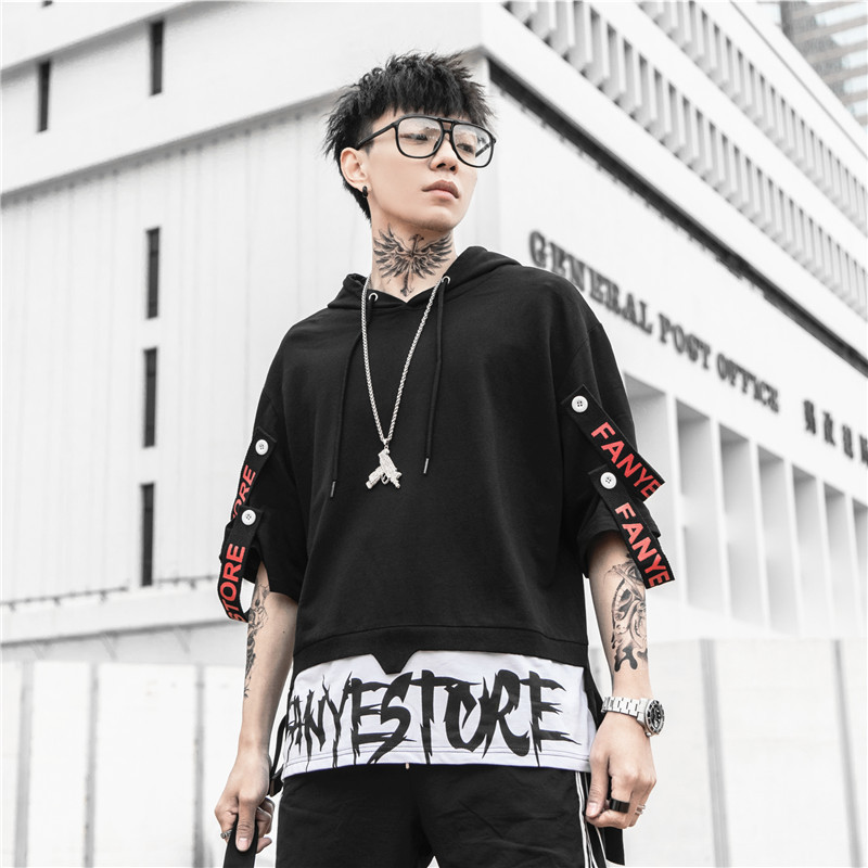 Summer Short Sleeves Harajuku Korea Fashion Streetwear One Piece Hip Hop Rock Punk Men Black Red Hoodies Sweatshirt Clothes 201020