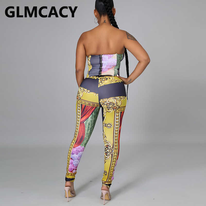 Two Piece Sexy Party Suits Lace Up Tube Top & Skinny Pants Set 210702