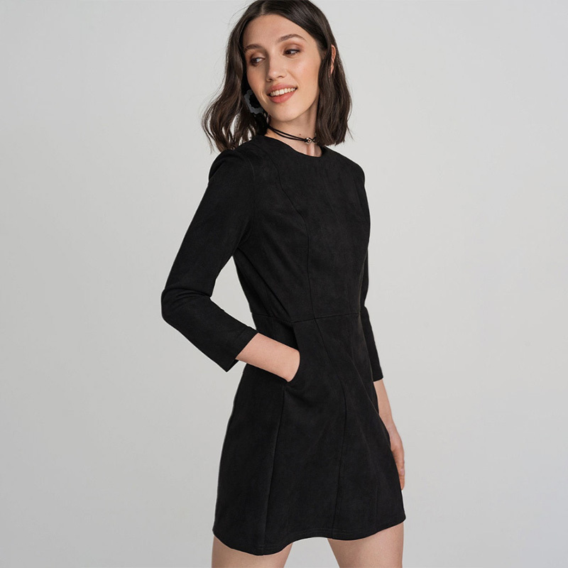 Women Pockets a Line Party Dress Ladies Seven Sleeve o Neck Solid Elegant Office Work Female Fashion Winter Dress Vintage 201008