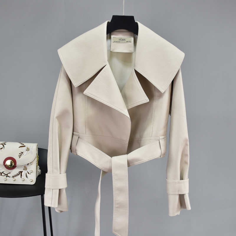 FTLZZ Autumn Women Pu Leather Jackets Short Coat Turndown Collar Belt Lace-up Motorcycle Black Punk Red Overcoat Female Outwear 210909