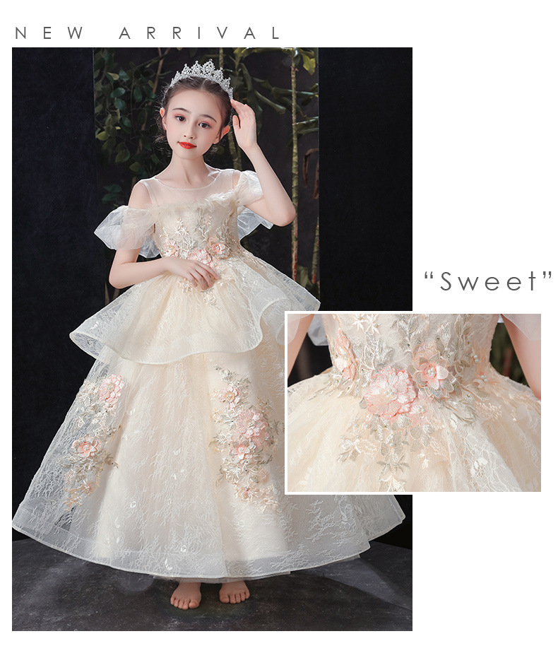 Champagne Girls Kids Wedding Flower Princess Party Pageant Dresses Sequins Appliques Girl Evening Dress Long Vestidos 403