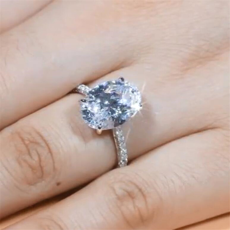 US Size 4-10 Luxury Jewelry Large Diamond Ring Real 925 Sterling Silver Oval Cut White Topaz Gemstones Eternity Women Wedding Band Ring Gift