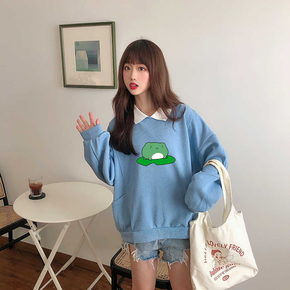Kawaii Frog Sweatshirt Oversized Harajuku Pullover Hoodie with Pocket Cotton Women Kpop Fashion Clothes Aesthetic Sweet Hoodies 210910