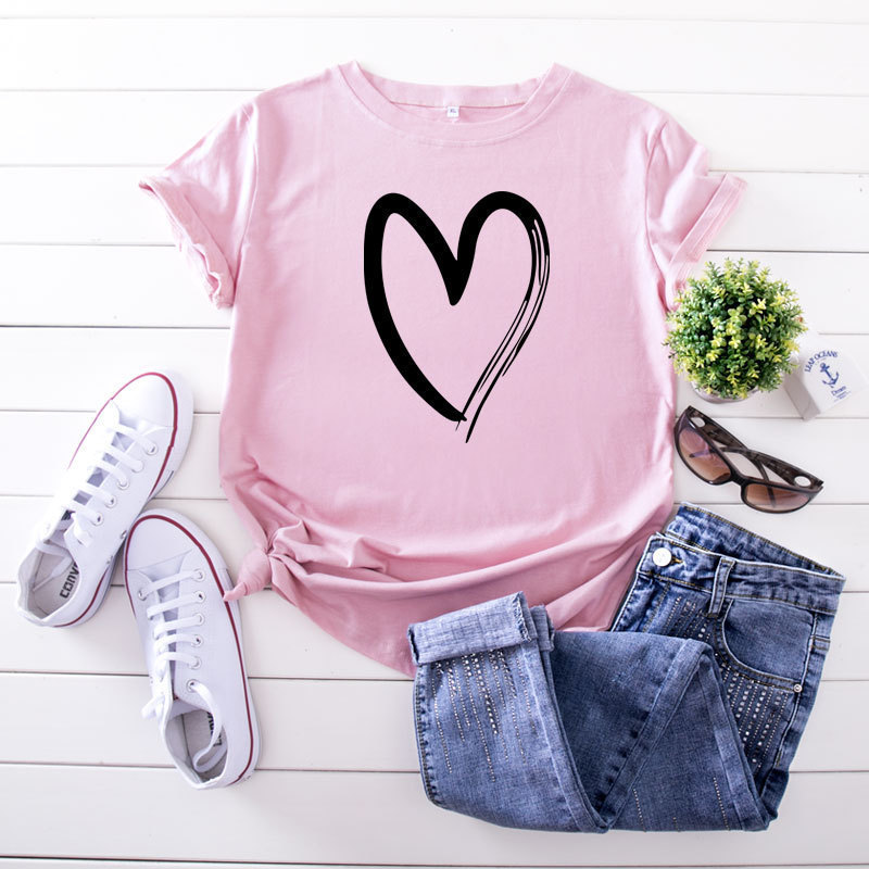 JCGO Summer Cotton Women Heart Print T Shirt S-5XL Plus Size Short Sleeve Tees Tops Casual Simple O-Neck Female TShirts T200614