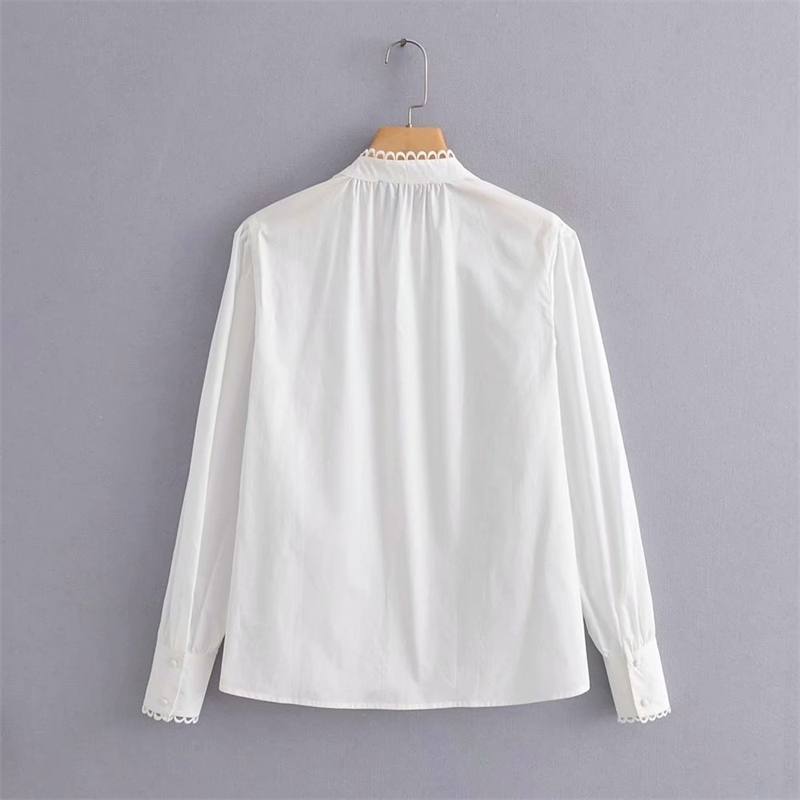 women elegant lace wave edge decprate white blouse shirts women stand collar office blusas chic autumn feminina tops LS4246 T200322