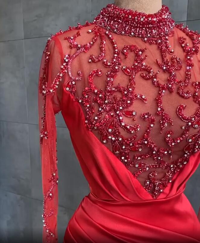 Aso Ebi 2021 Arabic Red Luxurious Mermaid Evening Dresses Crystals Beaded Prom Dresses High Neck Formal Party Second Reception Gowns ZJ688