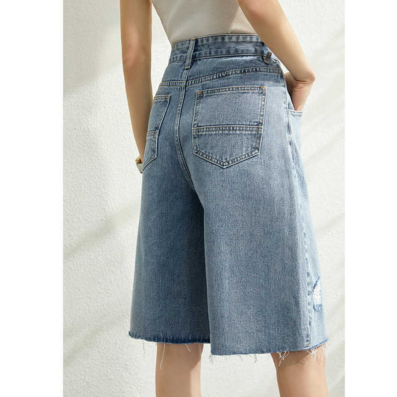 Minimalism Spring Summer Causal Cotton Women Denim Pants Fashion High Waist Loose Knee-length Female Ripped Jeans 12030185 210527