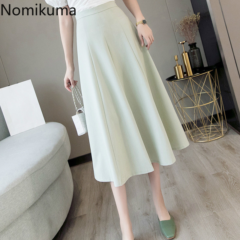 Nomikuma New Arrival A Line Skirt High Waist Back Zipper Solid Color Elegant OL Skirts Women Korean Fashion Faldas Mujer 3a298 210309