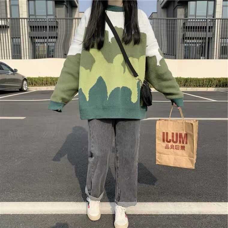 Harajuku Sweater Pullovers Men Gradient Striped Jacquard Knitted Sweater Hip Hop Retro Camouflage Print Streetwear Sweatshirts 211008