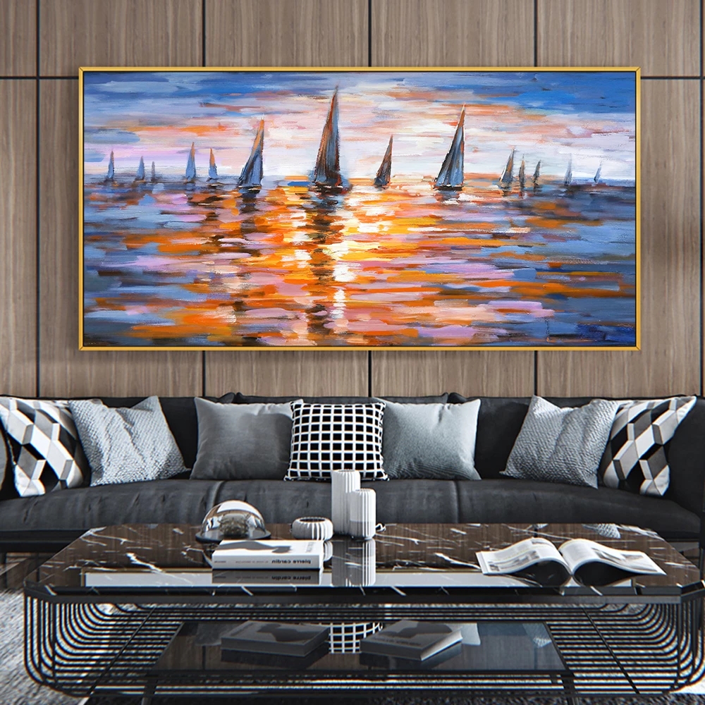 Sailboat Oil Painting Printed on Canvas Wall Art for Living Room Modern Home Decor Sunset Seascape Landscape Painting Colorful