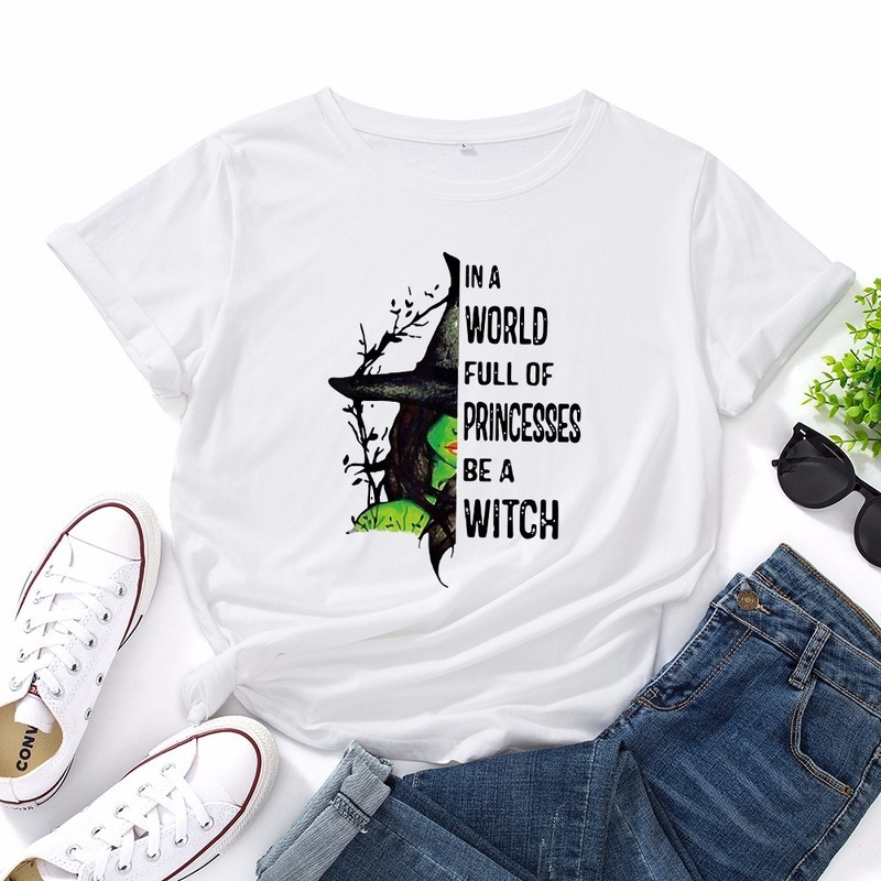 JCGO Fashion Summer T Shirt Women Plus Size 5XL Cotton Halloween Witch Print Female Short Sleeve Tshirts Casual Lady Tops Tee 210306