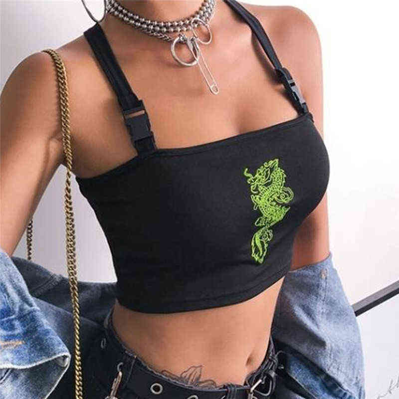 Fashion Women Sexy Hot Summer Buckle Vest Boob Tube Crop Top Bralet Sheer Dragon Embroidery Stylish Cami Tank Top Y220308
