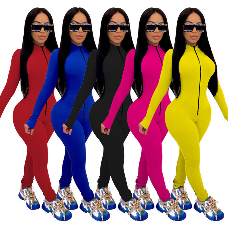 HAOYUAN Sexy Long Sleeve Rompers Womens Jumpsuit Tracksuits Zipper Up Fall Clothes One Piece Club Outfits Sport Bodycon Overalls 201007