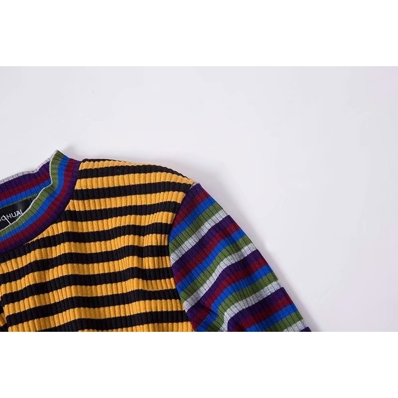 Autumn Women Sweaters Striped High Street Crop Tops Thin Knitted Pullovers Women Streetwear Elasticity Knitwear T200319