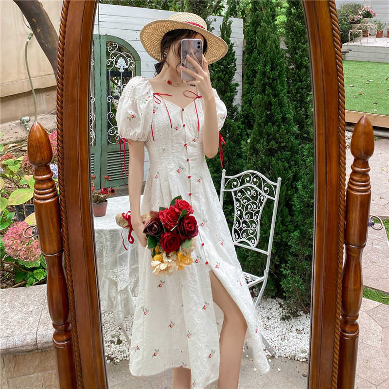 Floral Embroidery Woman Dress Korean Sweet Bowknot Square Collar Puff Sleeve Vestidos Single Breasted Dresses 6H613 210603