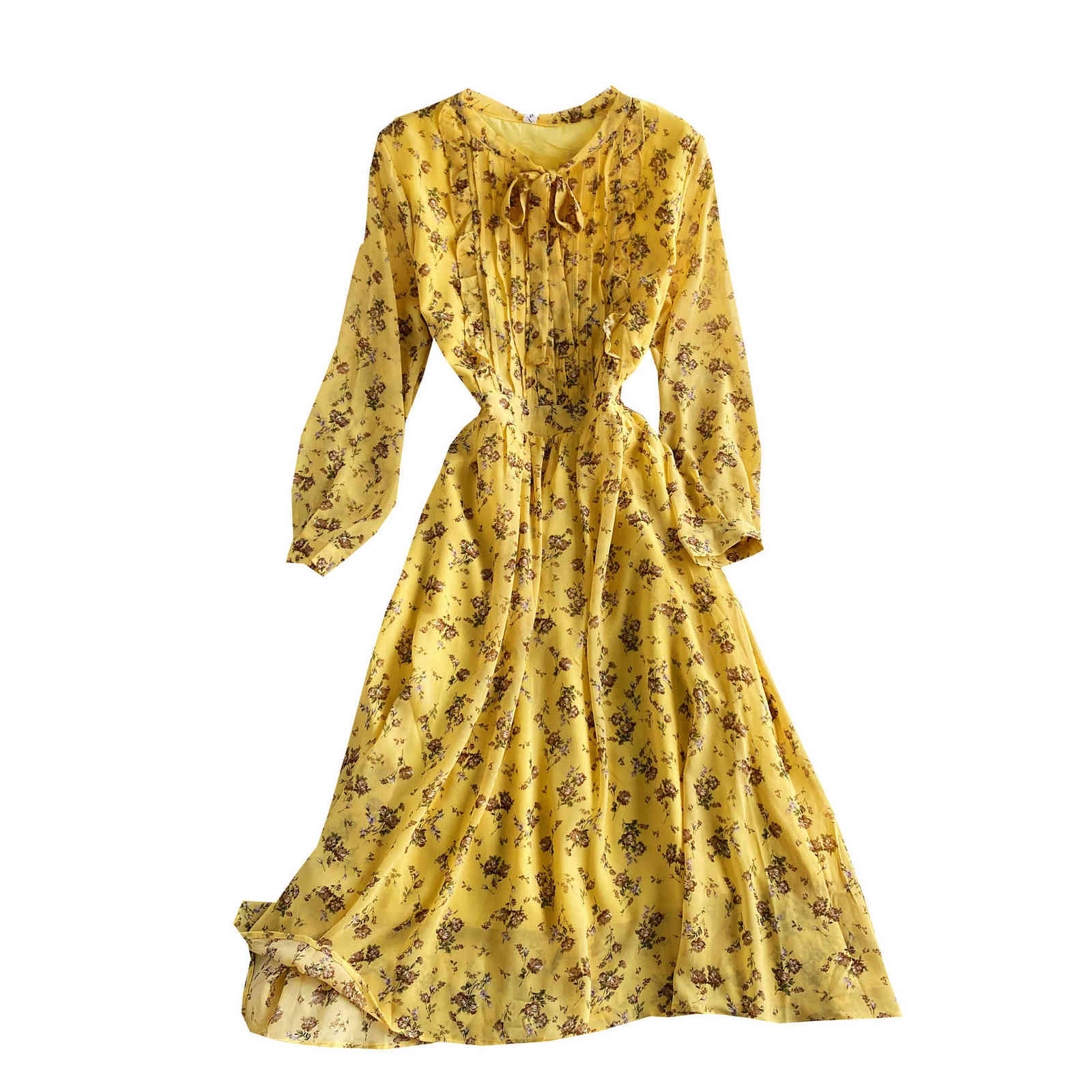 Spring and Autumn Fashion Bow Tie Chiffon Floral Print Dress Women High Waist Thin Long Sleeve Elegant Vestidos Q394 210527