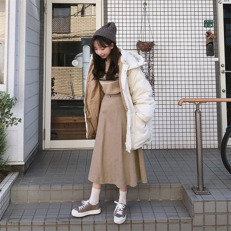 A Line solid Women Skirts Pleated Autumn Plus Size Knee Length Skirt Female Vintage Suede Skirts Jupe Femme Faldas Mujer 210306