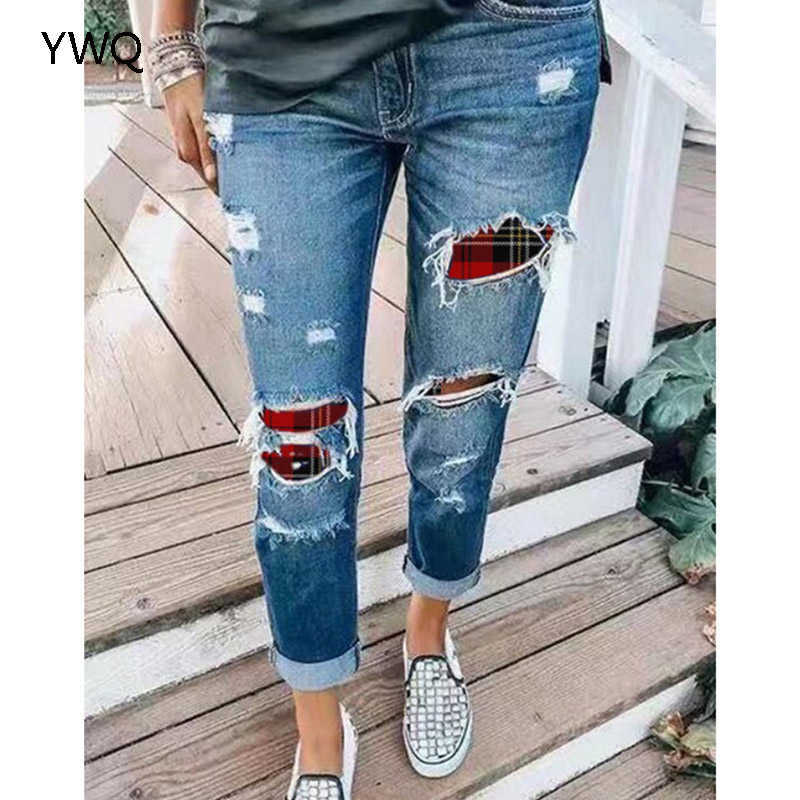 Women Patchwork Pencil Pants High Waist Ripped Boyfriend Jeans Streetwear Vintage Distressed Hole Mom Jeans Casual Denim Trouser 210616