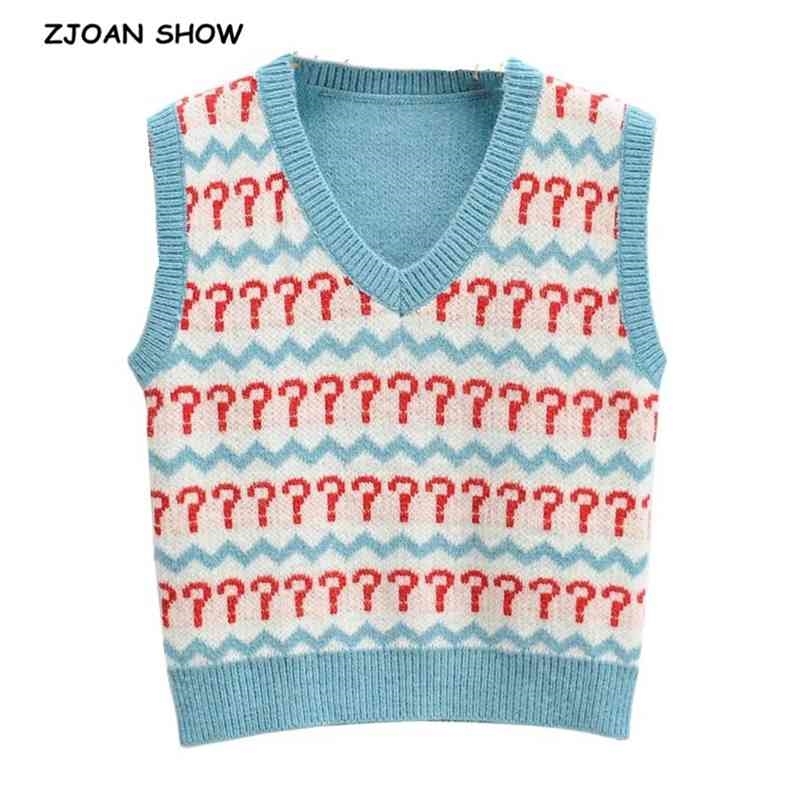Preppy Style Jacquard Geometric Knitted Sweater Vest Women 90's Vintage Korean Clothing Striped V Neck Tank Top Y2K Knitwear 210819