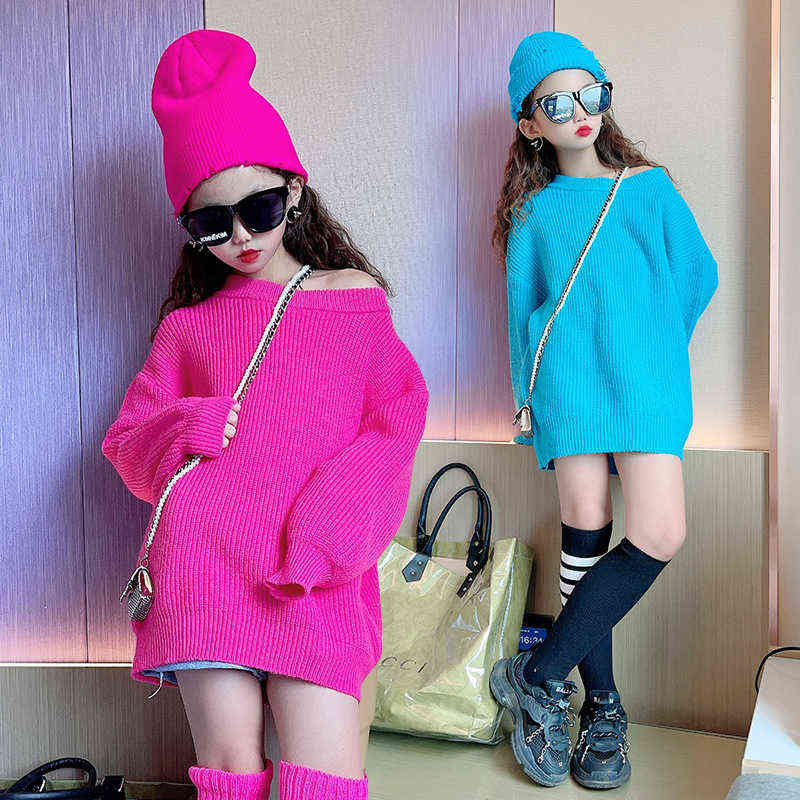 Girls Knitted Sweater Autumn Winter Coat for Candy Color Pullover Loose Fashion Kids Tops 12 13 14 Years Clothes 211104