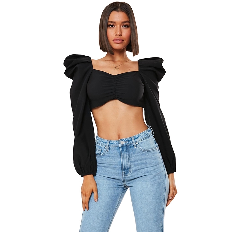 Euro American summer women's style bubble sleeve square neck shrug short open back long sleeve T-shirt 210602