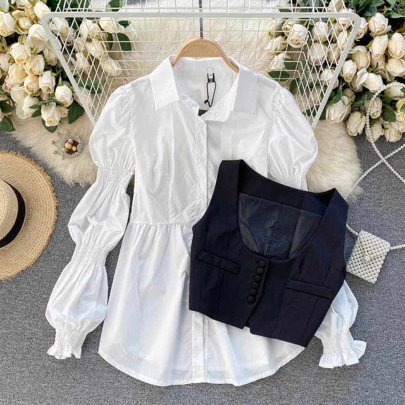 Women Korean Fashion Long Sleeve Shirt + High Street Slim Vest Two-piece Sets R652 210527