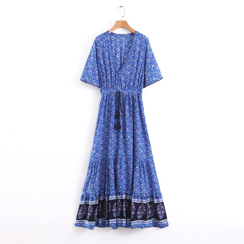 Bohemian Open Button V neck Location Floral Print Dress Ethnic Woman Short Sleeve Tassel Ball Maxi Long Dresses Holiday, Red
Bohemian Open Button V neck Location Floral Print Dress Ethnic Woman Short Sleeve Tassel Ball Maxi Long Dresses Holiday, Red