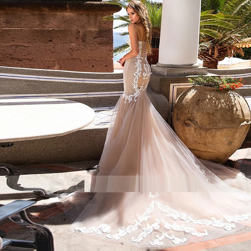Charming Champagne Wedding Dress Mermaid Sweetheart Appliques Train Lace Bridal Gown Corset Robe De Mariée Custom Made vestido de novia