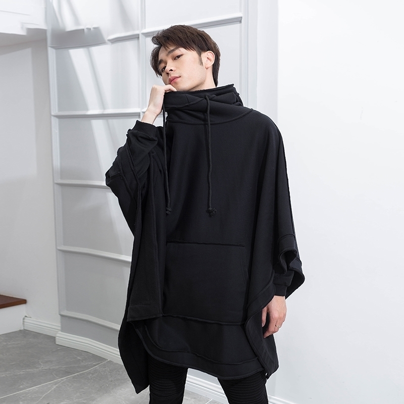 M-4XL Autumn and Winter Men's Loose Bat Cloak Cape Dark Medium Long Fashion Plus Velvet Thick Hooded Jacket 201126